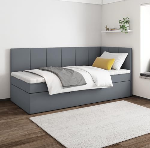 EURO-MOEBEL Bett Einzelbett Boxspringbett Kinderbett Kini ohne Topper H3 Bonell Kinderzimmer Schlafzimmer Bettkasten (Dunkelgrau - ITAKA 14, 100 x 200 cm) von EURO-MOEBEL