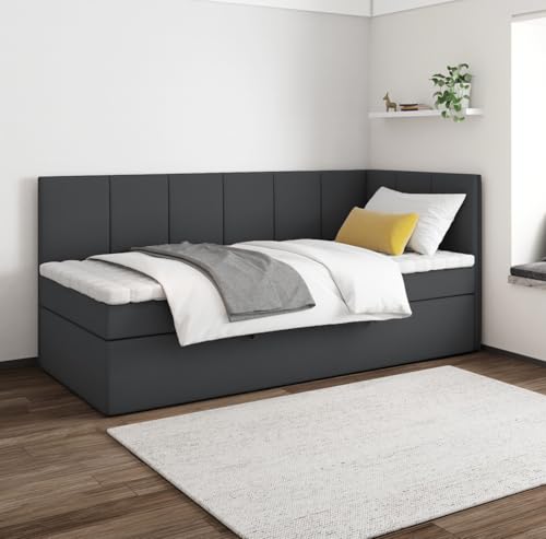 EURO-MOEBEL Bett Einzelbett Boxspringbett Kinderbett Kini ohne Topper H3 Bonell Kinderzimmer Schlafzimmer Bettkasten (Schwarz- ITAKA 15, 90 x 200 cm) von EURO-MOEBEL