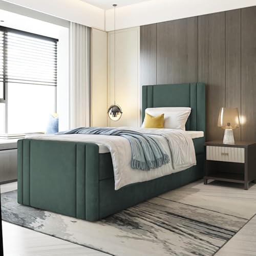 EURO-MOEBEL Boxspringbett Bett Einzelbett Best MINI mit Fußteil und Bettkasten,ohne Topper,H3 (Grün : ITAKA 10 - Linke Seite, 80 x 200 cm) von EURO-MOEBEL