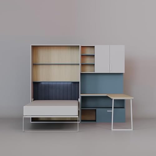EURO-MOEBEL Schrankkbett LUMINI Flexy Bed mit Bonell Matratze Multifunktionales Wandbett mit Arbeitsbereich, Schreibtisch (Cashmiere + Blau) von EURO-MOEBEL