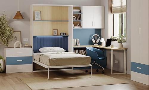 EURO-MOEBEL Schrankkbett LUMINI Multifunktionales Wandbett mit Arbeitsbereich, Schreibtisch (Caschmiere + Blau) von EURO-MOEBEL