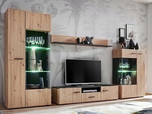 EURO-MOEBEL Wohnwand Wohnzimmerset Wohnzimmer Wand Regal TV Wand Glas Vitrinenschrank Lowboard Wandregal (SOLIDO - Eiche Artisan/Schwarz matt) von EURO-MOEBEL