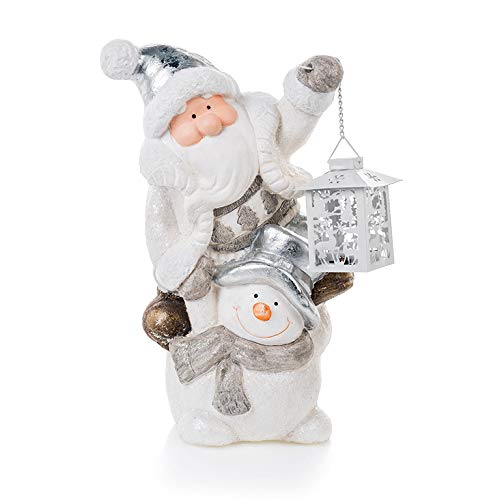 EUROCINSA Figur Weihnachtsmann und Schneemann mit Laterne 28 x 20 x 38 cm 1 Stück, Polyresin, Weiß/Silber, Einheitsgröße von EUROCINSA