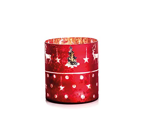 EUROCINSA Ref. 28029 Teelichthalter aus Glas rot mit Silber mit Hirschen und Sternen 12,5 Øx14 cm 1 Stück, Einheitsgröße von EUROCINSA