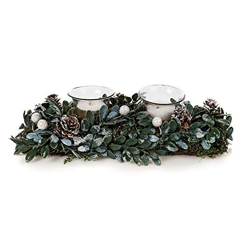 EUROCINSA Ref. 29046 Set 2 Teelichthalter mit Glas für 2 Kerzen auf Basis von Zweigen und Zapfen 28 x 8 x 11 cm 1 Set, Grün, Einheitsgröße von EUROCINSA