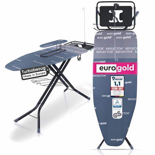 EUROGOLD® XXL Bügelbrett 130x48cm [INKL. TURBOBEZUG & ÄRMELBRETT] - Bügelbrett für Dampfbügelstation (Made in Europe) - Bügelbrett mit Steckdose - Bügeltisch Ironing Board - Stabil & Höhenverstellbar von EUROGOLD