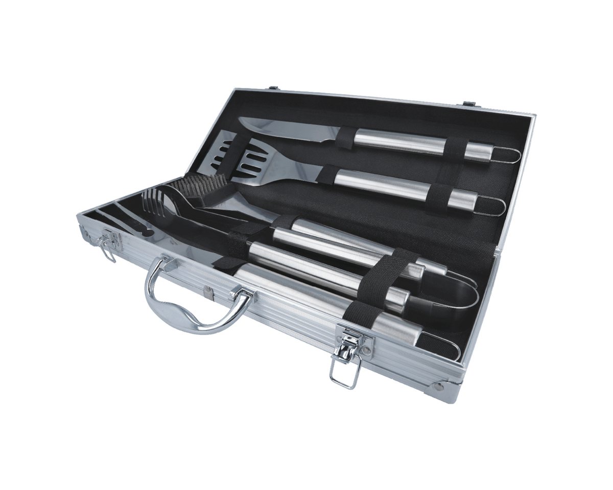 EUROHOME Grillbesteck-Set Grillset aus 5 Teilen Grill Zubehör, (5 tlg., Besteck Koffermaße 44 x 17 x 7 cm), Set aus Zange, Wender, Gabel, Messer und Reinigungsbürste. von EUROHOME