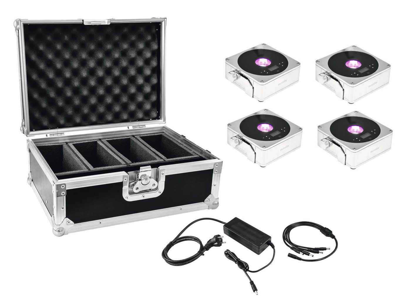 EUROLITE Discolicht EUROLITE Set 4x AKKU IP Flat Light 1 chrom + Case + Ladegerät von EUROLITE