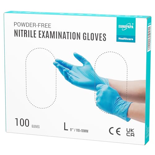 EUROPAPA® 100x Nitrilhandschuhe Box Einweghandschuhe, Einmalhandschuhe, Untersuchungshandschuhe, Nitril Handschuhe, puderfrei, ohne Latex, unsteril, latexfrei, disposible gloves (L, Blau) von EUROPAPA