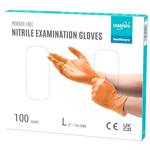 EUROPAPA® 100x Nitrilhandschuhe Einweghandschuhe Einmalhandschuhe Untersuchungshandschuhe Nitril Handschuhe puderfrei ohne Latex unsteril latexfrei disposible gloves (L, Orange) von EUROPAPA