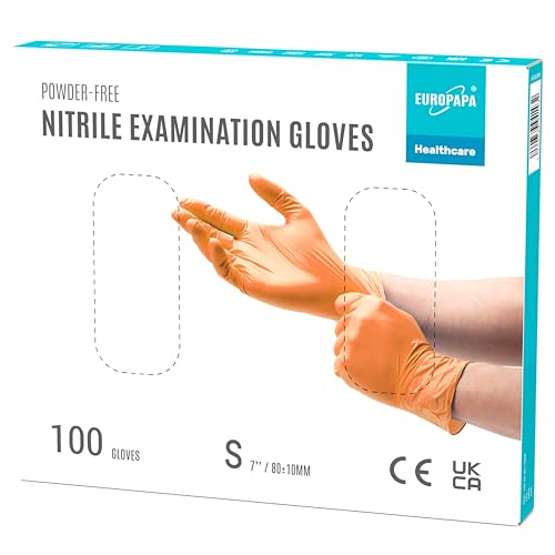 EUROPAPA® 100x Nitrilhandschuhe Einweghandschuhe Einmalhandschuhe Untersuchungshandschuhe Nitril Handschuhe puderfrei ohne Latex unsteril latexfrei disposible gloves (S, Orange) von EUROPAPA