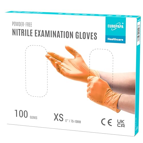 EUROPAPA® 100x Nitrilhandschuhe Einweghandschuhe Einmalhandschuhe Untersuchungshandschuhe Nitril Handschuhe puderfrei ohne Latex unsteril latexfrei disposible gloves (XS, Orange) von EUROPAPA