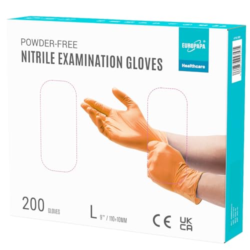 EUROPAPA® 200x Einweghandschuhe Nitrilhandschuhe puderfrei Untersuchungshandschuhe EN455 EN374 latexfrei Einmalhandschuhe Handschuhe in Gr. S, M, L & XL verfügbar (L, Orange) von EUROPAPA