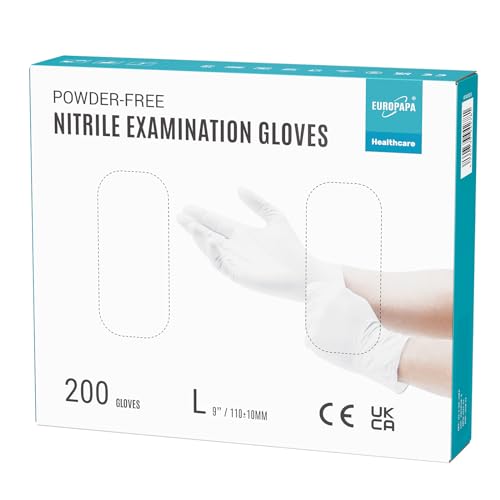 EUROPAPA® 200x Einweghandschuhe Nitrilhandschuhe puderfrei Untersuchungshandschuhe EN455 EN374 latexfrei Einmalhandschuhe Handschuhe in Gr. S, M, L & XL verfügbar (L, Weiß) von EUROPAPA