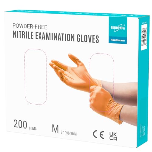 EUROPAPA® 200x Einweghandschuhe Nitrilhandschuhe puderfrei Untersuchungshandschuhe EN455 EN374 latexfrei Einmalhandschuhe Handschuhe in Gr. S, M, L & XL verfügbar (M, Orange) von EUROPAPA