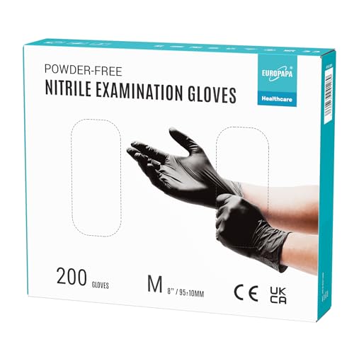 EUROPAPA® 200x Einweghandschuhe Nitrilhandschuhe puderfrei Untersuchungshandschuhe EN455 EN374 latexfrei Einmalhandschuhe Handschuhe in Gr. S, M, L & XL verfügbar (M, Schwarz) von EUROPAPA