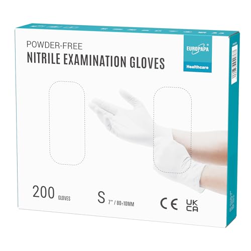 EUROPAPA® 200x Einweghandschuhe Nitrilhandschuhe puderfrei Untersuchungshandschuhe EN455 EN374 latexfrei Einmalhandschuhe Handschuhe in Gr. S, M, L & XL verfügbar (S, Weiß) von EUROPAPA