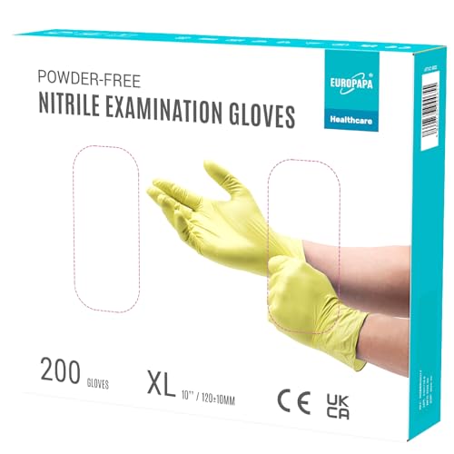 EUROPAPA® 200x Einweghandschuhe Nitrilhandschuhe puderfrei Untersuchungshandschuhe EN455 EN374 latexfrei Einmalhandschuhe Handschuhe in Gr. S, M, L & XL verfügbar (XL, Gelb) von EUROPAPA