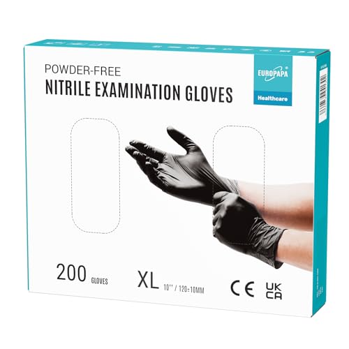 EUROPAPA® 200x Einweghandschuhe Nitrilhandschuhe puderfrei Untersuchungshandschuhe EN455 EN374 latexfrei Einmalhandschuhe Handschuhe in Gr. S, M, L & XL verfügbar (XL, Schwarz) von EUROPAPA