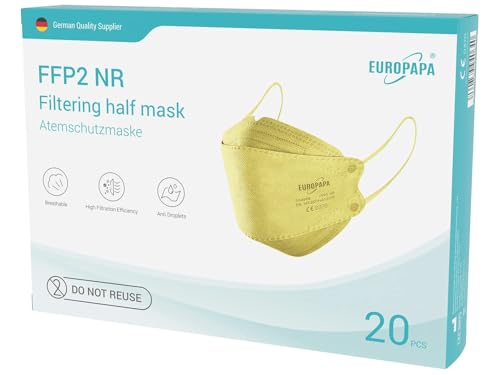 EUROPAPA® 20x FFP2 Fisch-Form Gelb Masken Atemschutzmaske 5-Lagen Staubschutzmasken hygienisch einzelverpackt Stelle zertifiziert EN149 Mundschutzmaske EU2016/425 von EUROPAPA
