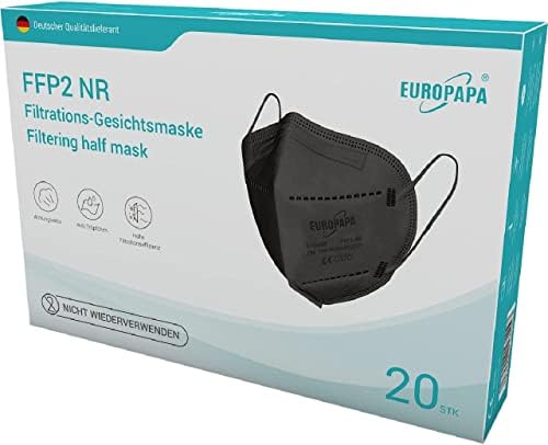 EUROPAPA® 20x FFP2 Masken Schwarz 3D-Form Atemschutzmaske 5-Lagen Staubschutzmasken hygienisch einzelverpackt Stelle zertifiziert EN149:2001+A1:2009 Mundschutzmaske EU2016/425 von EUROPAPA