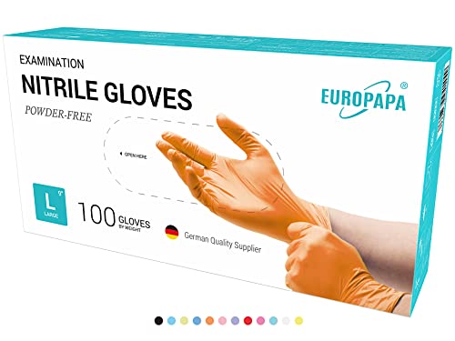 EUROPAPA® 500x Einweghandschuhe Nitrilhandschuhe puderfrei Untersuchungshandschuhe EN455 EN374 latexfrei Einmalhandschuhe Handschuhe in Gr. S, M, L & XL verfügbar (Orange, L) von EUROPAPA