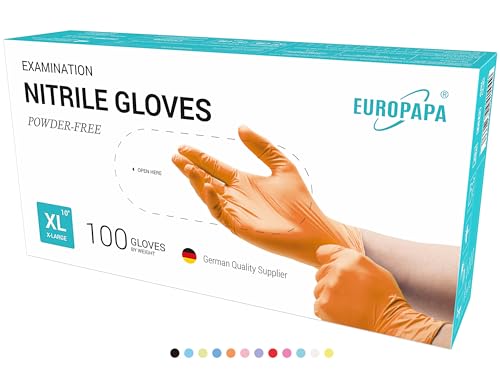 EUROPAPA® 500x Einweghandschuhe Nitrilhandschuhe puderfrei Untersuchungshandschuhe EN455 EN374 latexfrei Einmalhandschuhe Handschuhe in Gr. S, M, L & XL verfügbar (Orange, XL) von EUROPAPA