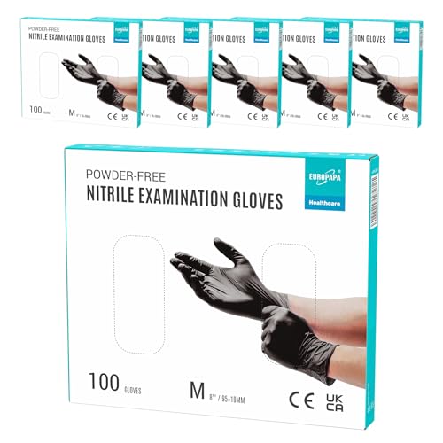EUROPAPA® 500x Einweghandschuhe Nitrilhandschuhe puderfrei Untersuchungshandschuhe EN455 EN374 latexfrei Einmalhandschuhe Handschuhe in Gr. S, M, L & XL verfügbar (Schwarz, M) von EUROPAPA