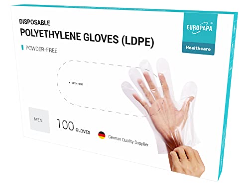 EUROPAPA 100 Stück Vorteilspack LDPE Einweghandschuhe in Box Einmalhandschuhe latexfrei puderfrei Handschuhe in Herren Größe (Herren-100) von EUROPAPA