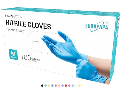 EUROPAPA 100x Nitrilhandschuhe Box Einweghandschuhe, Einmalhandschuhe, Untersuchungshandschuhe, Nitril Handschuhe, puderfrei, ohne Latex, unsteril, latexfrei, disposible gloves (M, Blau) von EUROPAPA