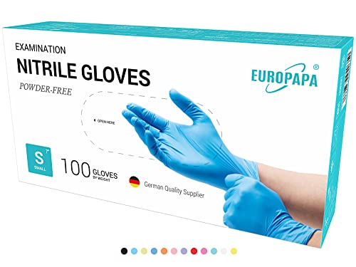EUROPAPA 100x Nitrilhandschuhe Box Einweghandschuhe, Einmalhandschuhe, Untersuchungshandschuhe, Nitril Handschuhe, puderfrei, ohne Latex, unsteril, latexfrei, disposible gloves (S, Blau) von EUROPAPA