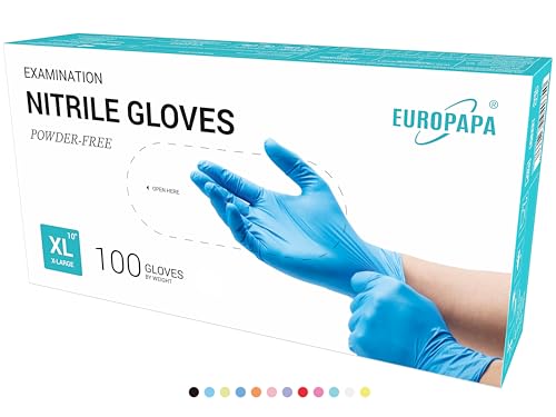 EUROPAPA 100x Nitrilhandschuhe Box Einweghandschuhe, Einmalhandschuhe, Untersuchungshandschuhe, Nitril Handschuhe, puderfrei, ohne Latex, unsteril, latexfrei, disposible gloves (XL, Blau) von EUROPAPA