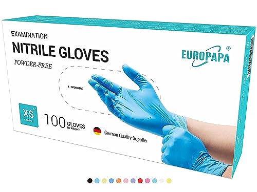EUROPAPA 100x Nitrilhandschuhe Box Einweghandschuhe, Einmalhandschuhe, Untersuchungshandschuhe, Nitril Handschuhe, puderfrei, ohne Latex, unsteril, latexfrei, disposible gloves (XS, Blau) von EUROPAPA