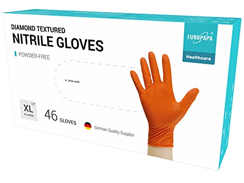 EUROPAPA 46x extra dicke Nitrilhandschuhe DiamantGrip Diamant schwarz und orange Perfect Grip Einweghandschuhe Montageschutzhandschuhe puderfreier latexfreier Arbeitshandschuhe (Orange, XL) von EUROPAPA