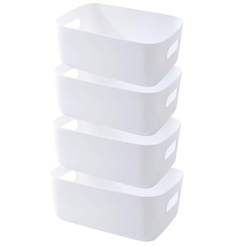 EURXLQ 4 Stück Aufbewahrungsbox Kunststoff Aufbewahrungskorb mit Griffen Weiß 25×18×10 cm Eingedicktes Badezimmer Organizer Küchenschrank Körbe Aufbewahrung Kunststoffbox für Badezimmer Küche von EURXLQ