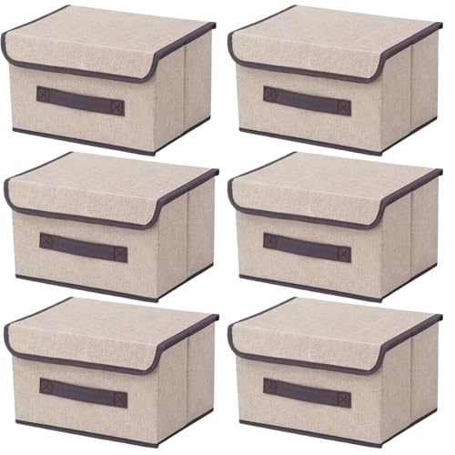 EURXLQ 6 Beige Weiß Faltbare Aufbewahrungsbox mit Deckel 26×19×16 cm,Leinen Stoff Faltbare Lagerung Bin mit Flip-Top-Deckel & Griffe,Kleidung Decke Box für Haus,Kleiderschrank von EURXLQ