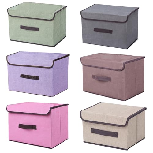 EURXLQ 6 Faltbare Aufbewahrungsbox mit Deckel,Leinen Stoff Faltbare Lagerung Bin mit Flip-Top-Deckel & Griffe,Kleidung Decke Box für Haus,Kleiderschrank (Farbmischung, 26×19×16 cm) von EURXLQ