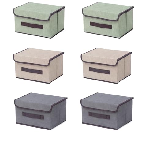 EURXLQ 6 Faltbare Aufbewahrungsbox mit Deckel 36×23×24cm,Leinen Stoff Faltbare Lagerung Bin mit Flip-Top-Deckel & Griffe,Kleidung Decke Box für Haus,Kleiderschrank (2Grau,2Grün,2Hellbeige) von EURXLQ