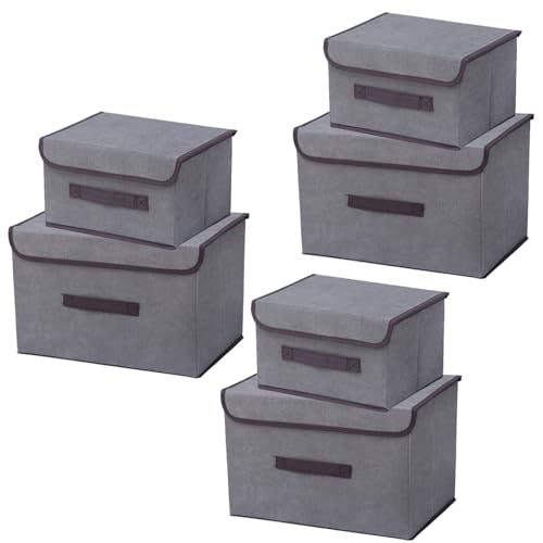 EURXLQ 6 Grau Faltbare Aufbewahrungsbox mit Deckel,Leinen Stoff Faltbare Lagerung Bin mit Flip-Top-Deckel & Griffe,Kleidung Decke Box für Haus,Kleiderschrank (26cm/3 Pack+36cm/3 Pack) von EURXLQ