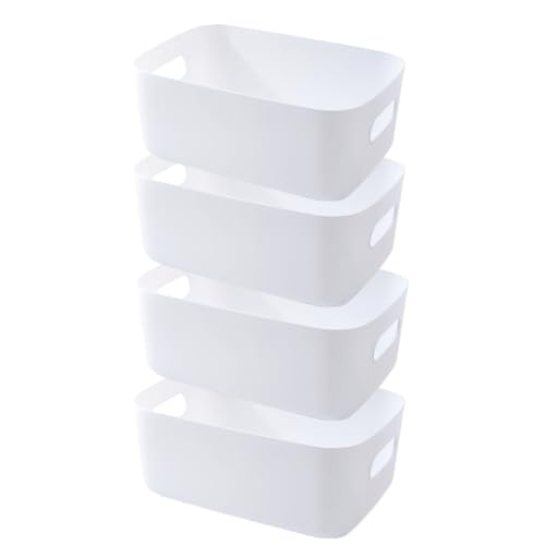 EURXLQ Aufbewahrungsbox Kunststoff Aufbewahrungskorb mit Griffen,Badezimmer Organizer Küchenschrank Organizer Box Körbe Aufbewahrung Kunststoffbox für Regal Kunststoffbox (30×20×12cm/4 Pack, Weiß) von EURXLQ