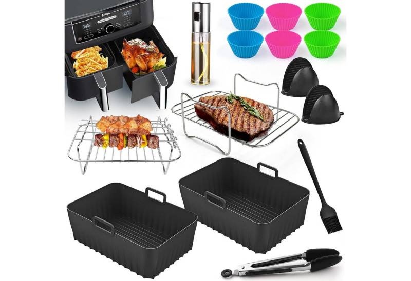 EURYUNG Backform Heißluftfritteusen Zubehör für Ninja Foodi AF300EU/AF400EU, (100% lebensmittelecht, Ungiftig, BPA-Frei, Mehrfach Verwendbar 19-tlg), 19-tlg für 7,6L-9,5L Dual Zone Heißluftfritteuse von EURYUNG