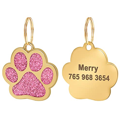 Personalisierte Glitter Pfote Hundemarke Gold personalisierte Namensschild für kleine mittelgroße Hunde und Katzen-Rose-Breite 2.5cm von EUSFIYY