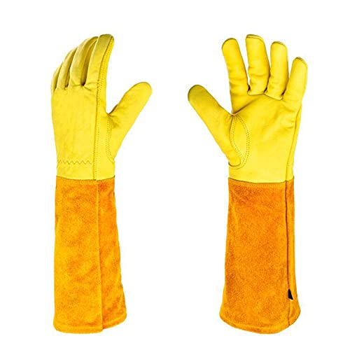 EUYIMOMO gartenhandschuhe,Hirschleder-Gartenhandschuhe mit langem Lauf, zweilagige Schutzhandschuhe zum Pflanzen von Beschneidungszweigen-Gelb XL von EUYIMOMO