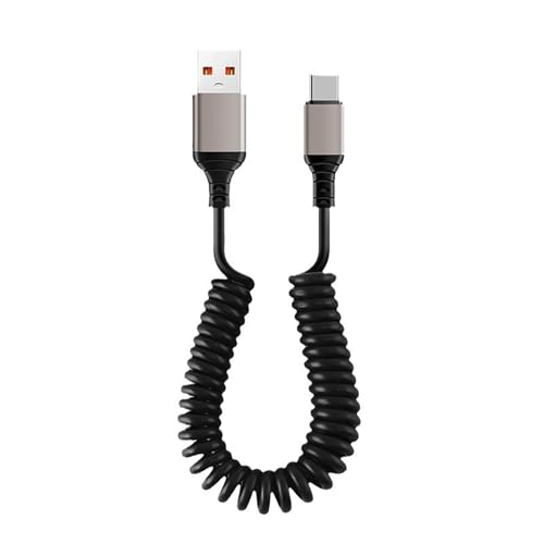 EUZUXU USB auf USB C Spiralkabel, 1,8 Meter Spiralkabel, Federkabel, Typ C Spiraladapter, Android Autokabel Typ C Datenkabel zum Aufladen, Schwarz von EUZUXU