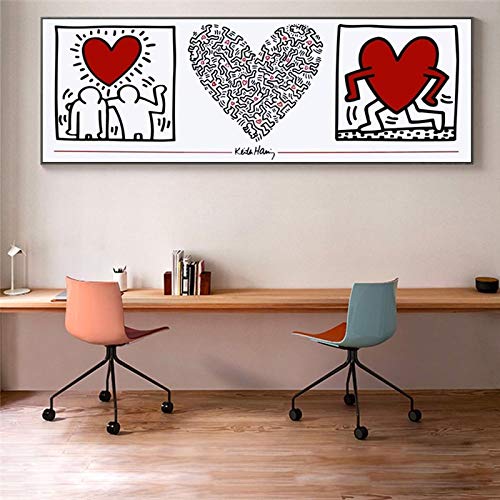 EUpMB Leinwandbilder Bild auf Leinwand Vlies Wandbild Kunstdruck Wanddeko Wand Wohnzimmer, Abstrakte Graffiti-Kunst von Keith Haring Peace Love Street Art Er 40x120cm ohne Rahmen L499 von EUpMB