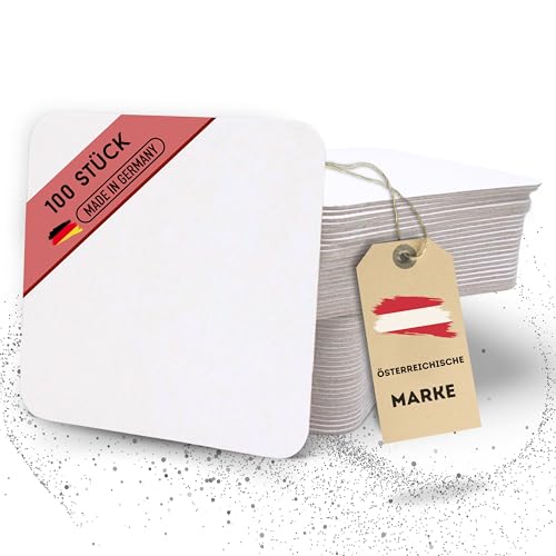 EV® Bierdeckel Pappe - 100 Stück, Eckig (9,3 x 9,3 cm) - Made in Germany - Blanko Untersetzer zum Bemalen & Basteln - Das Perfekte DIY Set für Kreative Köpfe von EV Home Creations