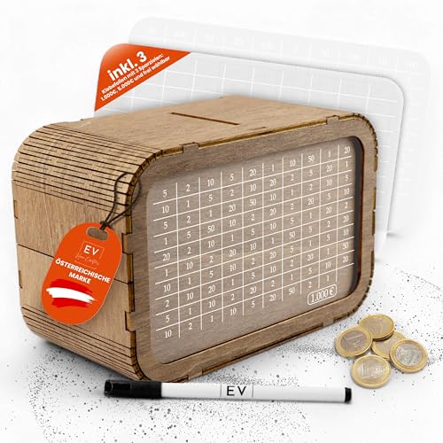 EV® Spardose Holz – Wiederverwendbare Sparbox mit Zahlen ankreuzen | Das Perfekte Set für Deine Sparziele, aus Nachhaltigem Italienischem Holz – inkl. Stift & Klebefolien von EV Home Creations