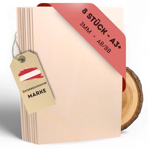EV® Sperrholzplatte 3mm - 8 Stück, A3+ Format | Italienisches Pappelsperrholz in Premium AB/BB Qualität | Hochwertige Holzplatten zum Basteln, Bemalen & Lasern von EV Home Creations