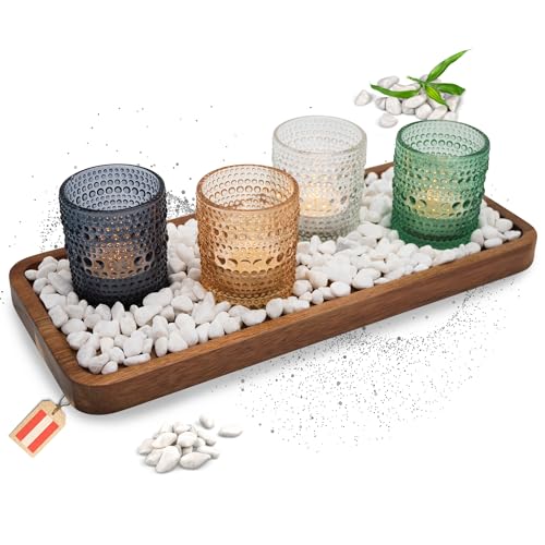 EV® Teelichthalter Set mit Tablett - Harmonische Farbkombination durch 4 Bunte Windlichter - Premium Kerzenhalter Set als stilvolle Tischdeko (Timeless Light Edition) von EV Home Creations