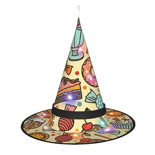 EVANEM Hexenhut mit Süßigkeitenmuster, Halloween-Lichter, 3 Farbwechsel, leuchtender Hexenhut, Halloween-Dekoration, Hut für Damen von EVANEM